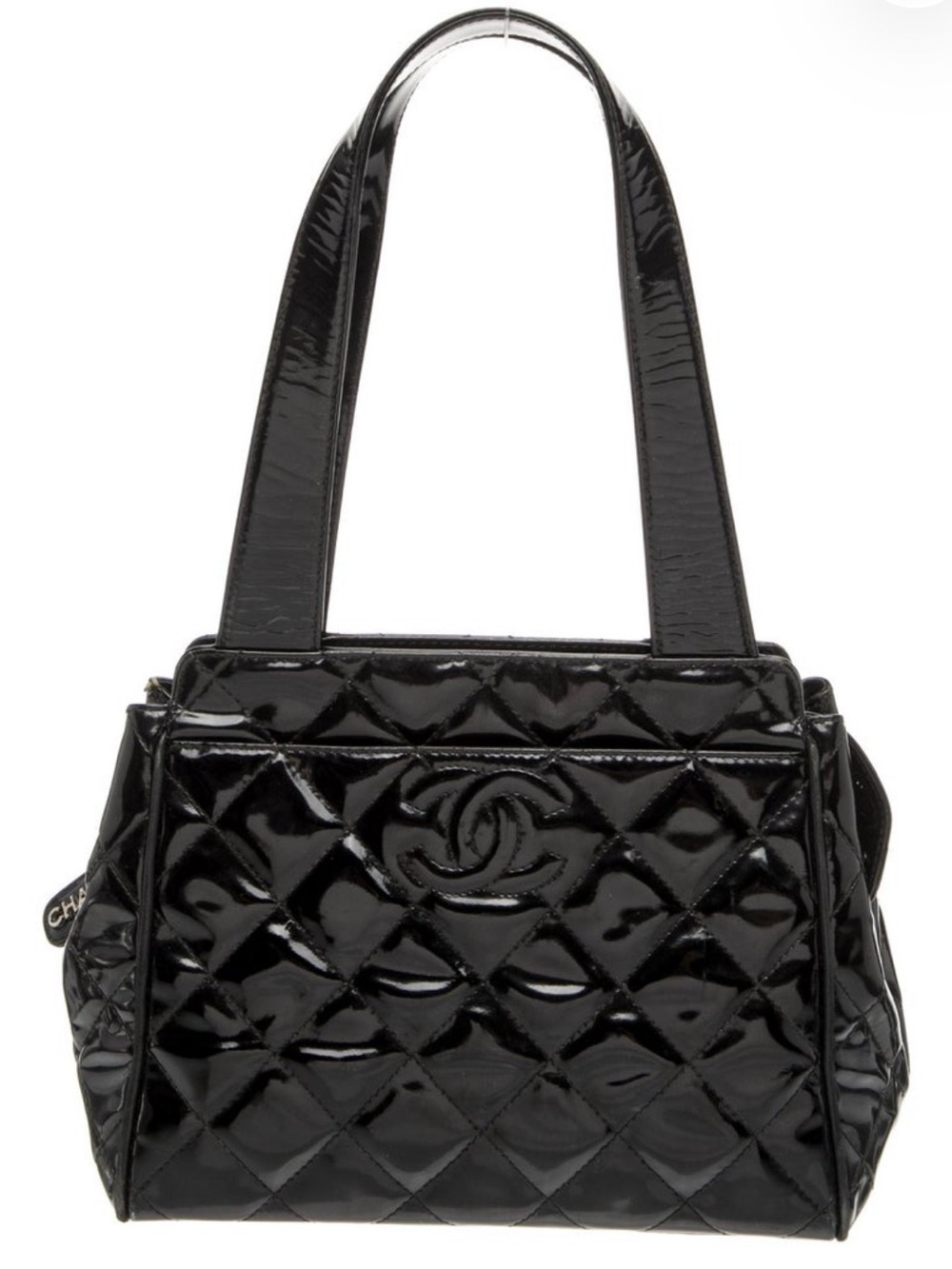 CHANEL Black Quilted Patent CC Leather Bowler Bag